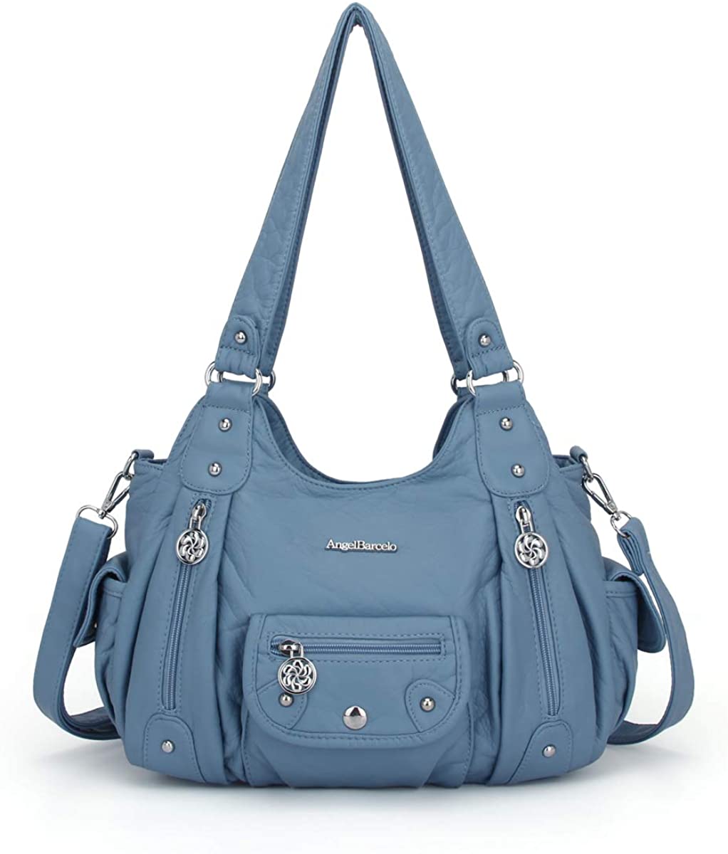 Price:$34.99    Angel Barcelo Womens Purses and Handbags PU Leather Shoulder Bag Waterproof Hobo Bags for Girls (Grey Blue)  Clothing