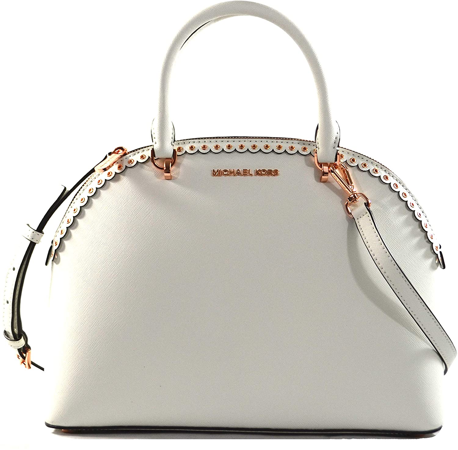 Price:$135.00    Michael Kors Emmy Large Dome Satchel Saffiano Leather Studded Scalloped Edge Shoulder Bag Purse Handbag (Optic White)  Clothing