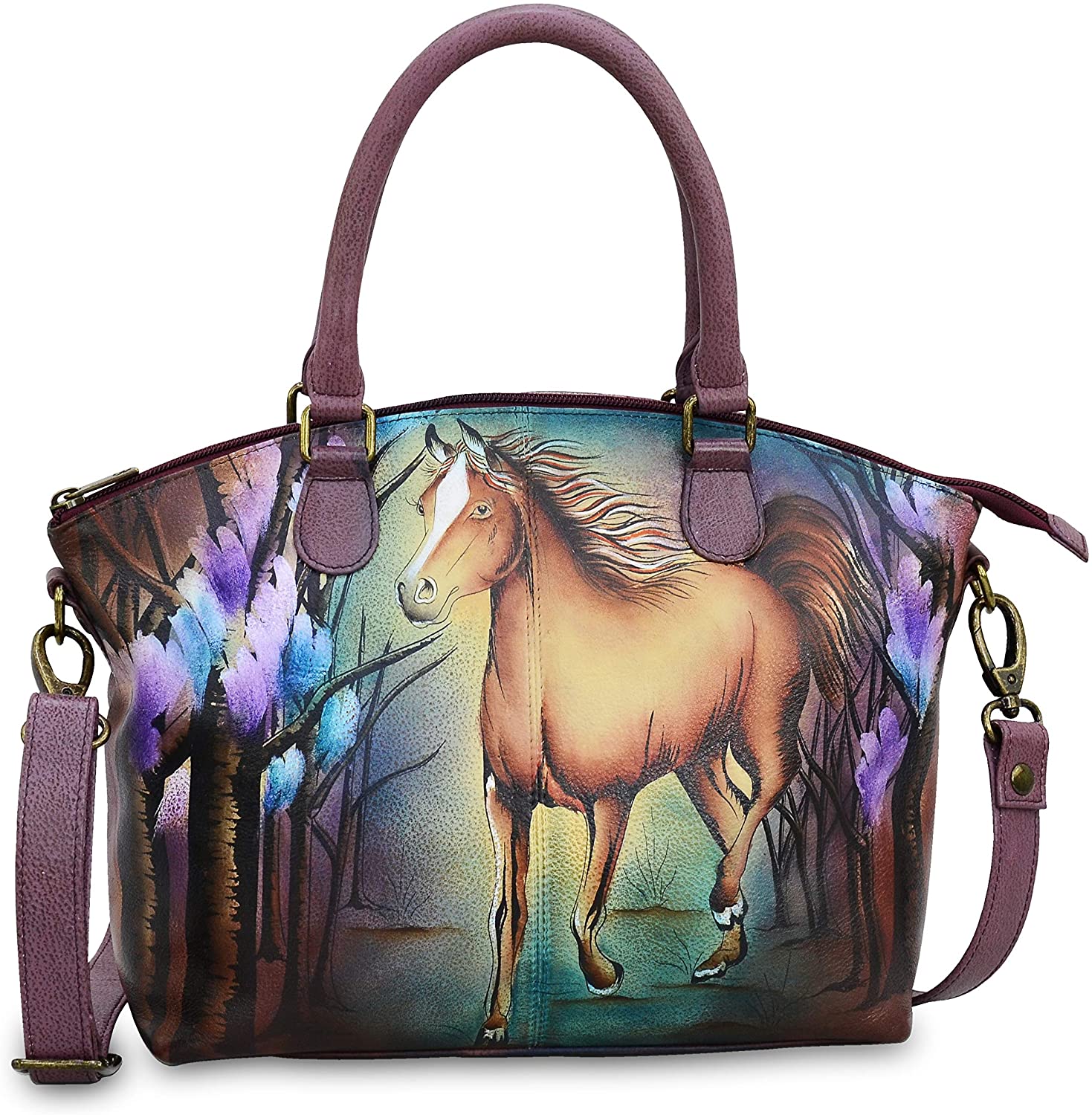 Price:$206.40    Anuschka Hand-Painted Leather Medium Convertible Satchel - Top Handle Shoulder Bag/Purse - Free Spirit  Clothing