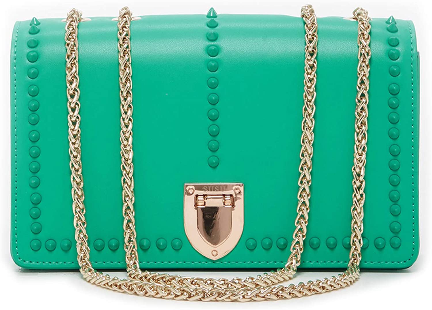 Price:$156.00 Green Leather Crossbody Bags for Women Studs Crossover Purse Studded Purses and Handbags Double Chain Cross body with Credit Card Slots Small Chic Over the Shoulder Bag Trendy Designer Cute Handbag  Handbags   