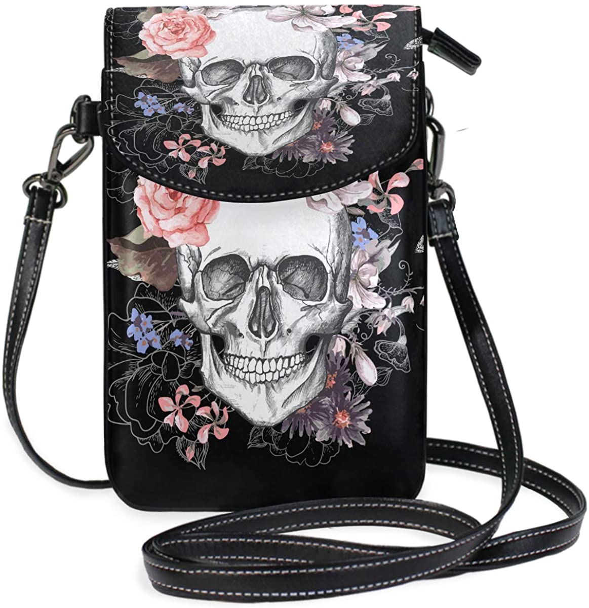 Price:$26.99 Flower Halloween Sugar Skull Cell Phone Purse Crossbody Bag Pouch Shoulder Bags Wallet for women Girls Travel  Handbags   
