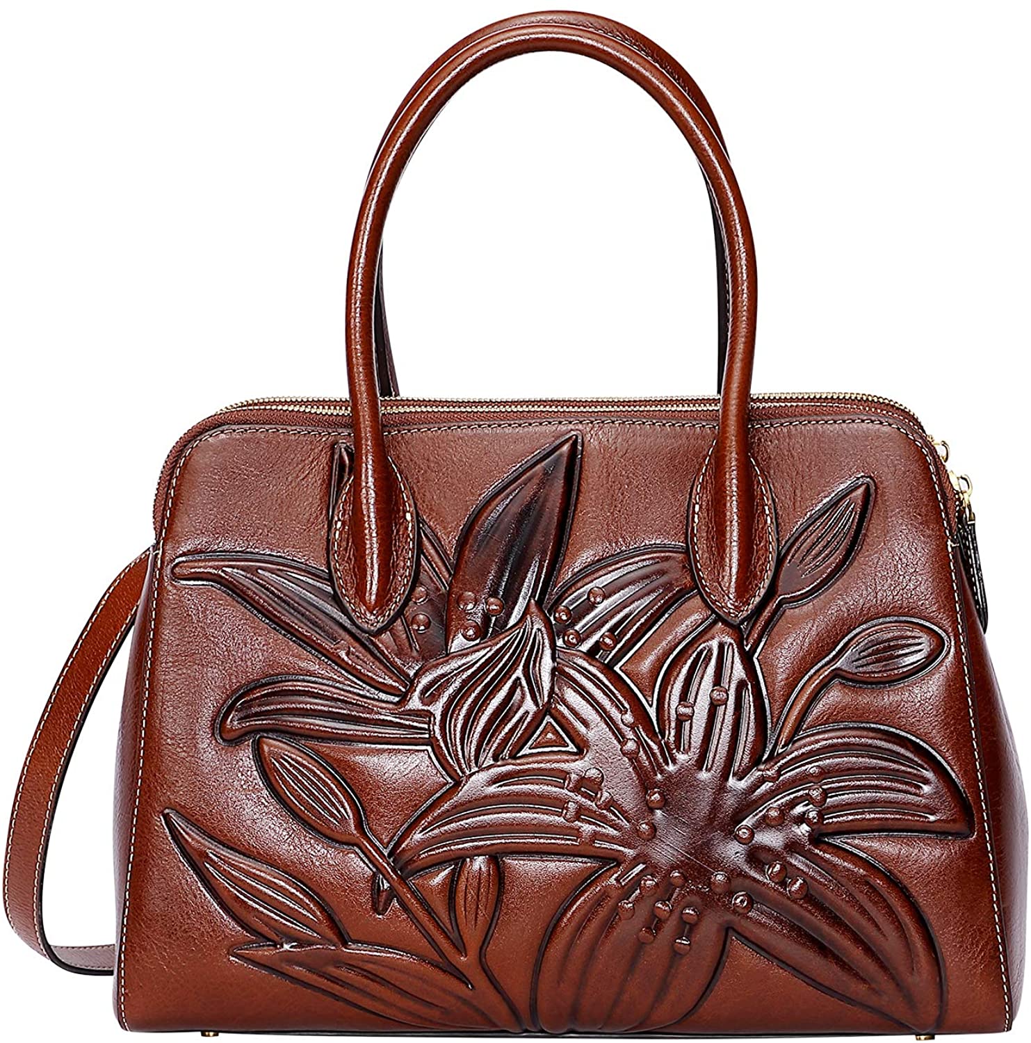 Price:$189.78    PIJUSHI Leather Handbags for Women Genuine Leather Top Handle Satchel Bags Designer Floral Shoulder Purses(65069-1 Brown Lily)  Clothing