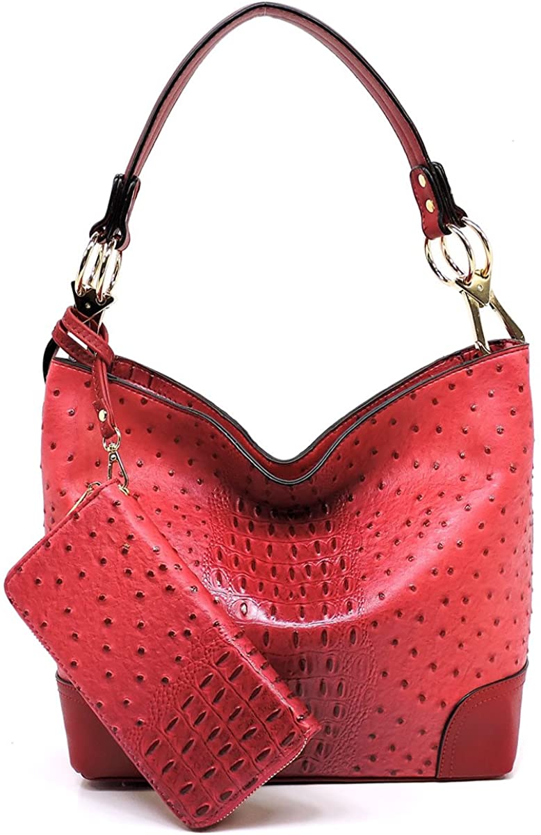 Price:$37.99    2 PC Set Ostrich Croco Embossed Vegan Faux Leather Hobo Shoulder Bag Classic Bucket Purse with Matching Wallet (CORAL)  Clothing