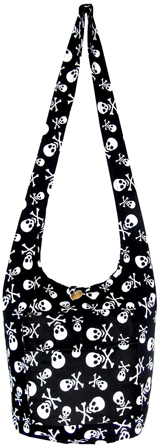 Price:$18.99    Fully Lined Skull Hippie Hobo Sling Crossbody Bag with Front Phone Pocket - Punk Rock Boho Shoulder Purse Black and White Medium (Cotton Lined Black)  Clothing