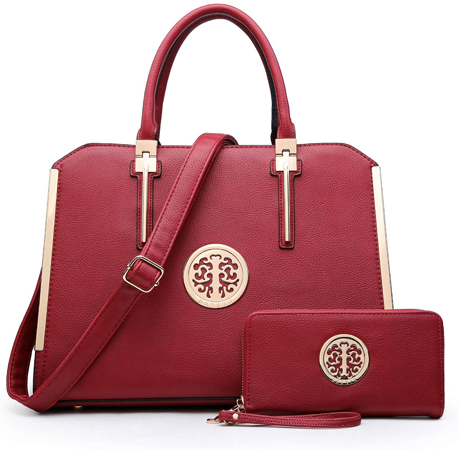 Price:$37.99    Women's Fashion Shoulder Bag Structured Top Handle Satchel Work Handbag W/Wallet (03-burgundy wallet set)  Clothing