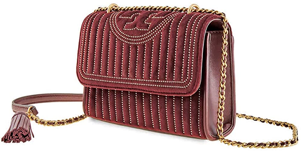Price:$526.24 Tory Burch Fleming Velvet Small Convertible Shoulder Bag- Claret  Handbags   