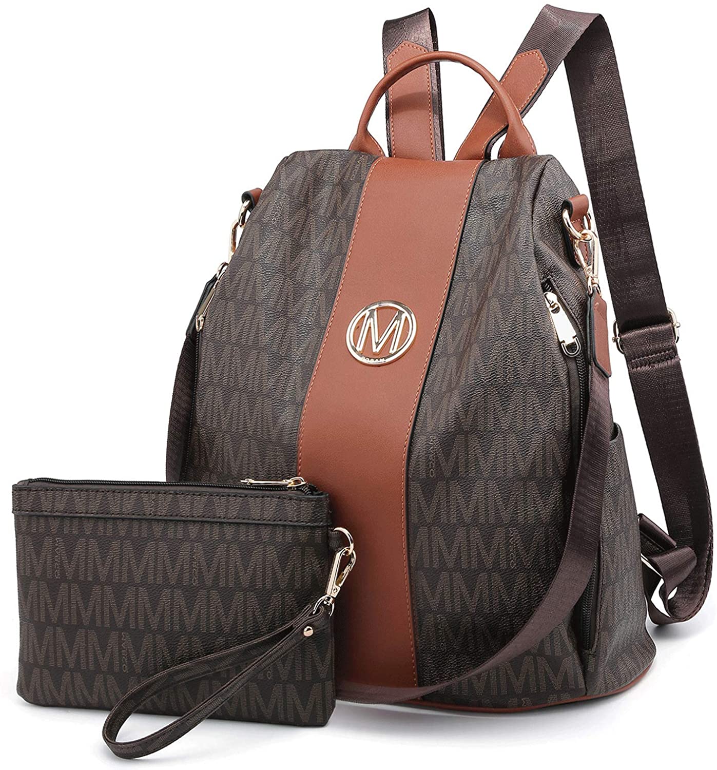Price:$39.99    MKP Lightweight Women's Backpack Mutil Zipper Pocket Signature College School Anti-Theft Rucksack Shoulder Bag Handbag for Women w/Wristlet Wallet Set (Coffee)  Clothing