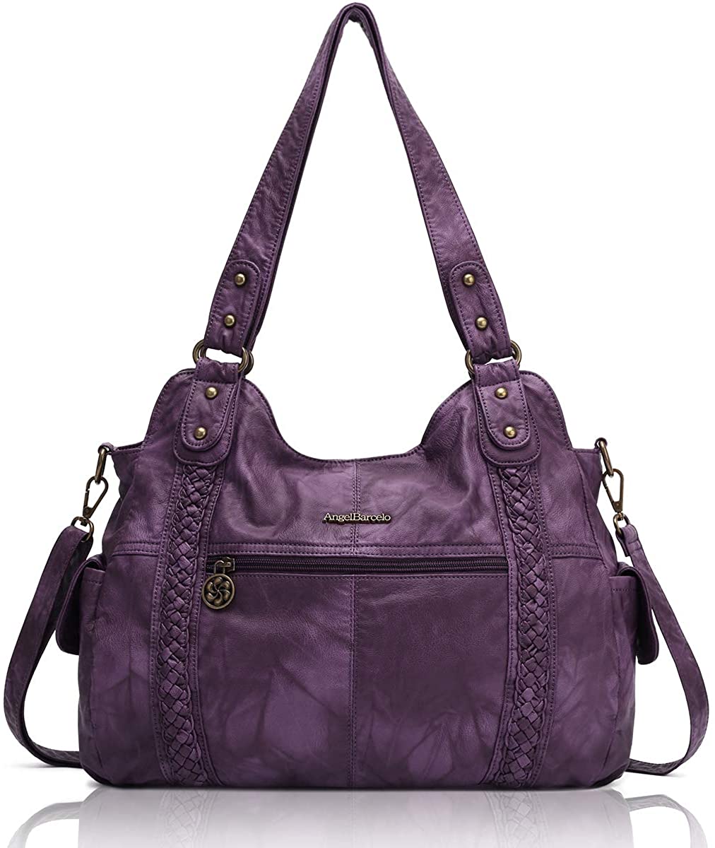 Price:$33.99    Angel Barcelo Roomy Fashion Hobo Womens Handbags Ladies Purse Satchel Shoulder Bags Tote Washed Leather Bag Purple  Clothing