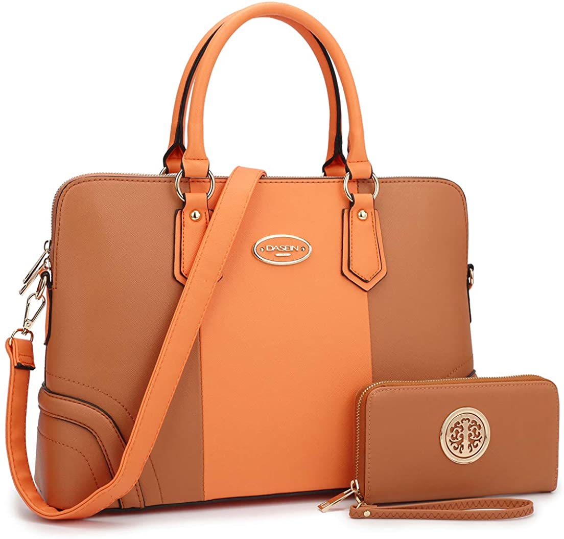 Price:$29.99    Women's Fashion Handbag Slim Two Tone Shoulder Bag Satchel Purse Top Handle Bag (Oranger/Brown)  Clothing