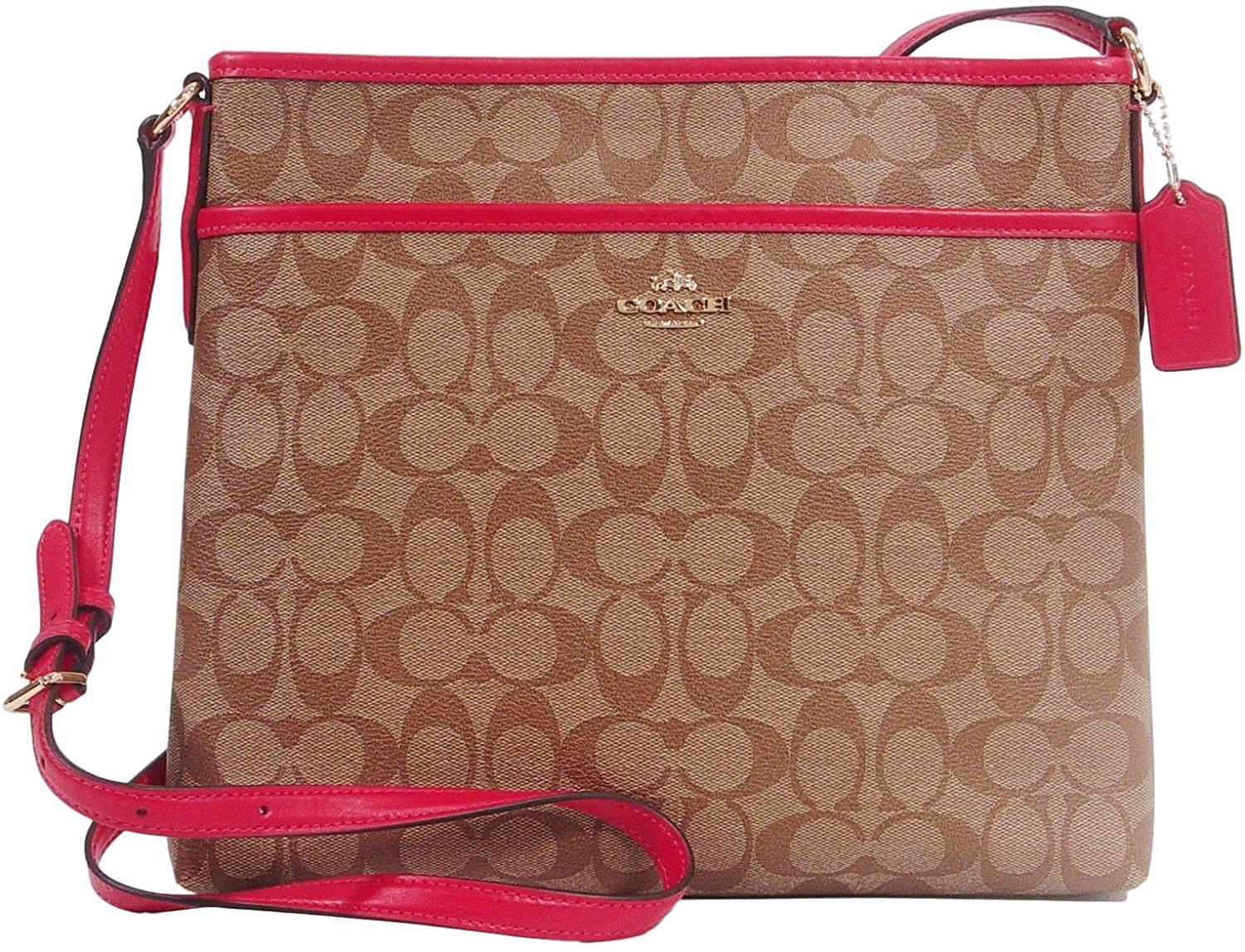 Price:$210.00 Coach Signature File Crossbody Shoulder Bag Khaki/Bright Pink  Handbags   