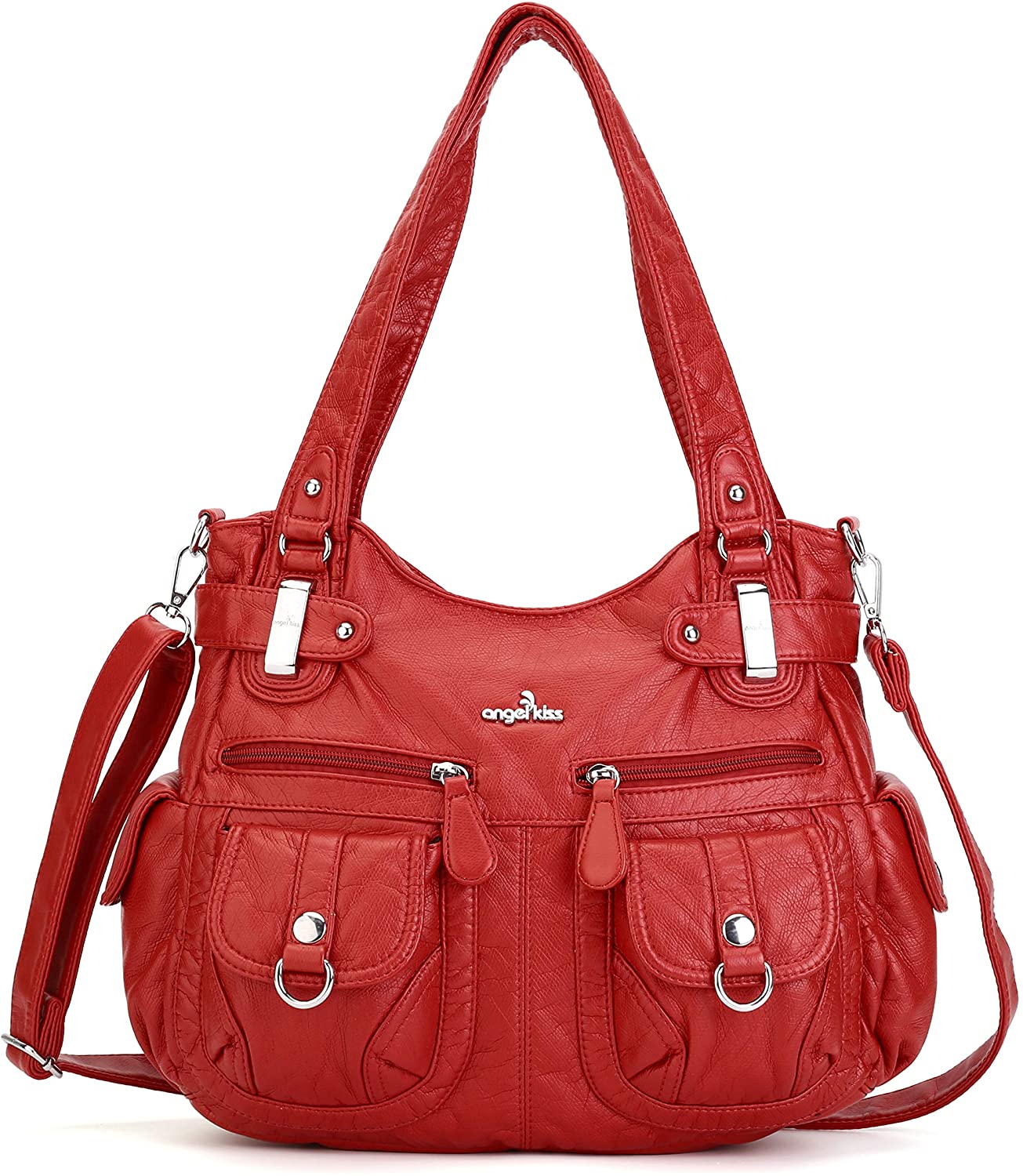 Price:$33.99    Angelkiss Women's Designer Handbag Large Double Zipper Multi Pocket Washed, Burgundy  Clothing