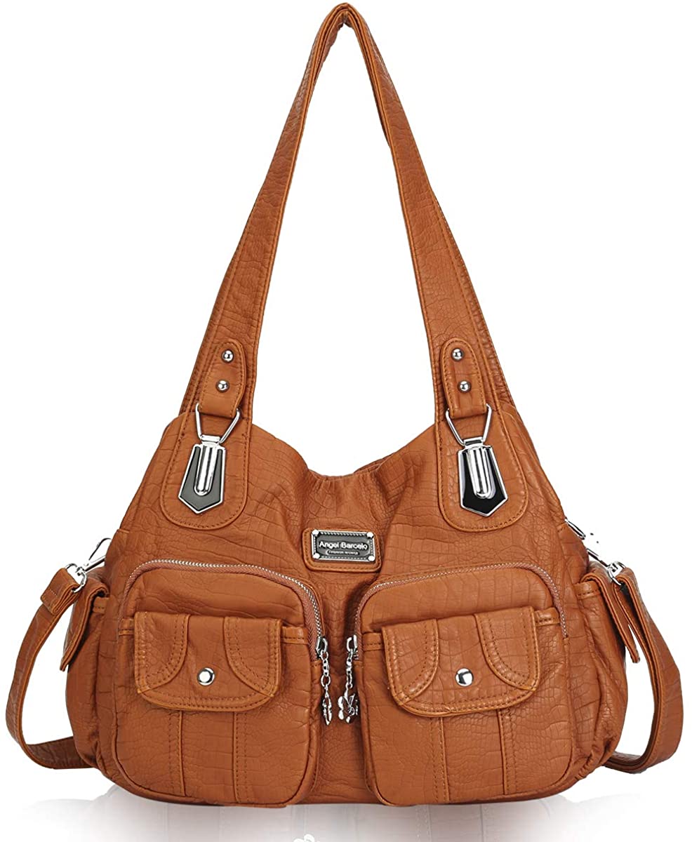 Price:$36.99    Angel Barcelo Women Top Handle Satchel Handbags Shoulder Bag Messenger Tote Washed Leather Purse Brown  Clothing