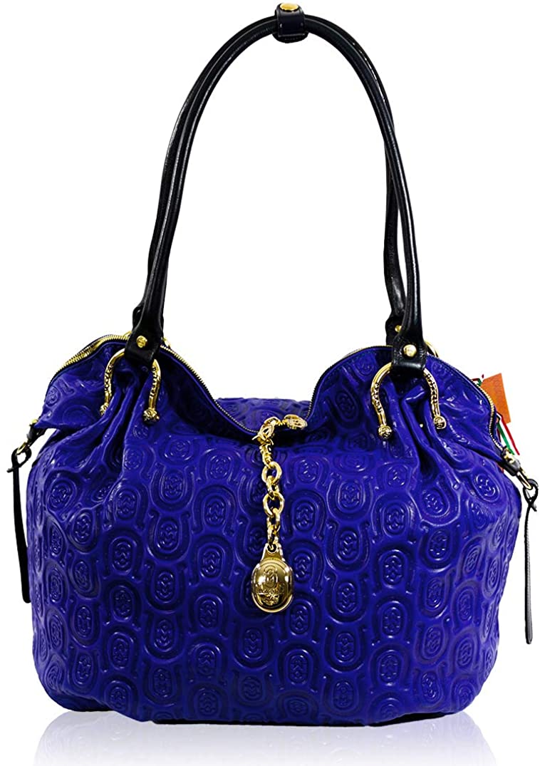 Price:$725.00    Marino Orlandi Women's Large Handbag Italian Designer Purse Genuine Leather Top Handle Satchel Slouchy Bag in Cobalt Blue Quilted Horseshoe Embossed Design  Clothing