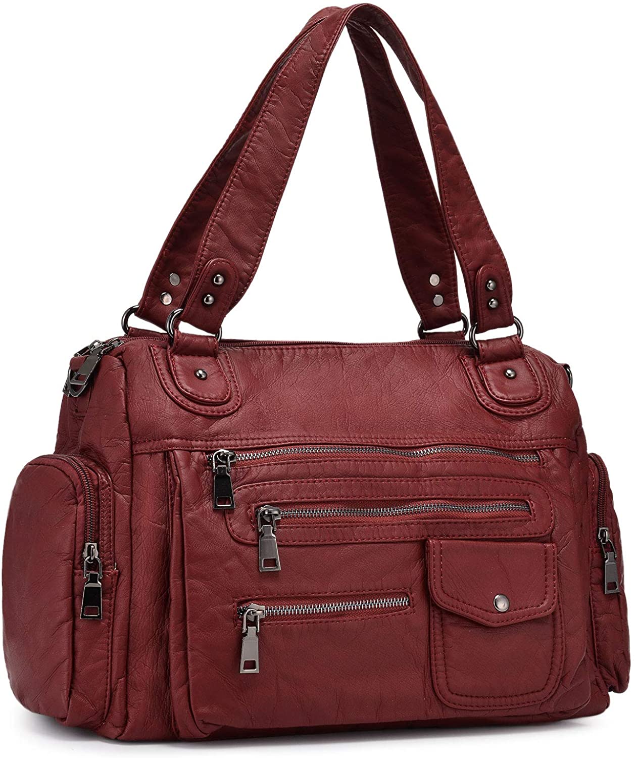 Price:$36.99    BAIGIO Women Tote Purses Roomy Washed Leather Bag Multiple Pockets Functional Satchel Large Shoulder Bags for Ladies (Wine Red)  Clothing