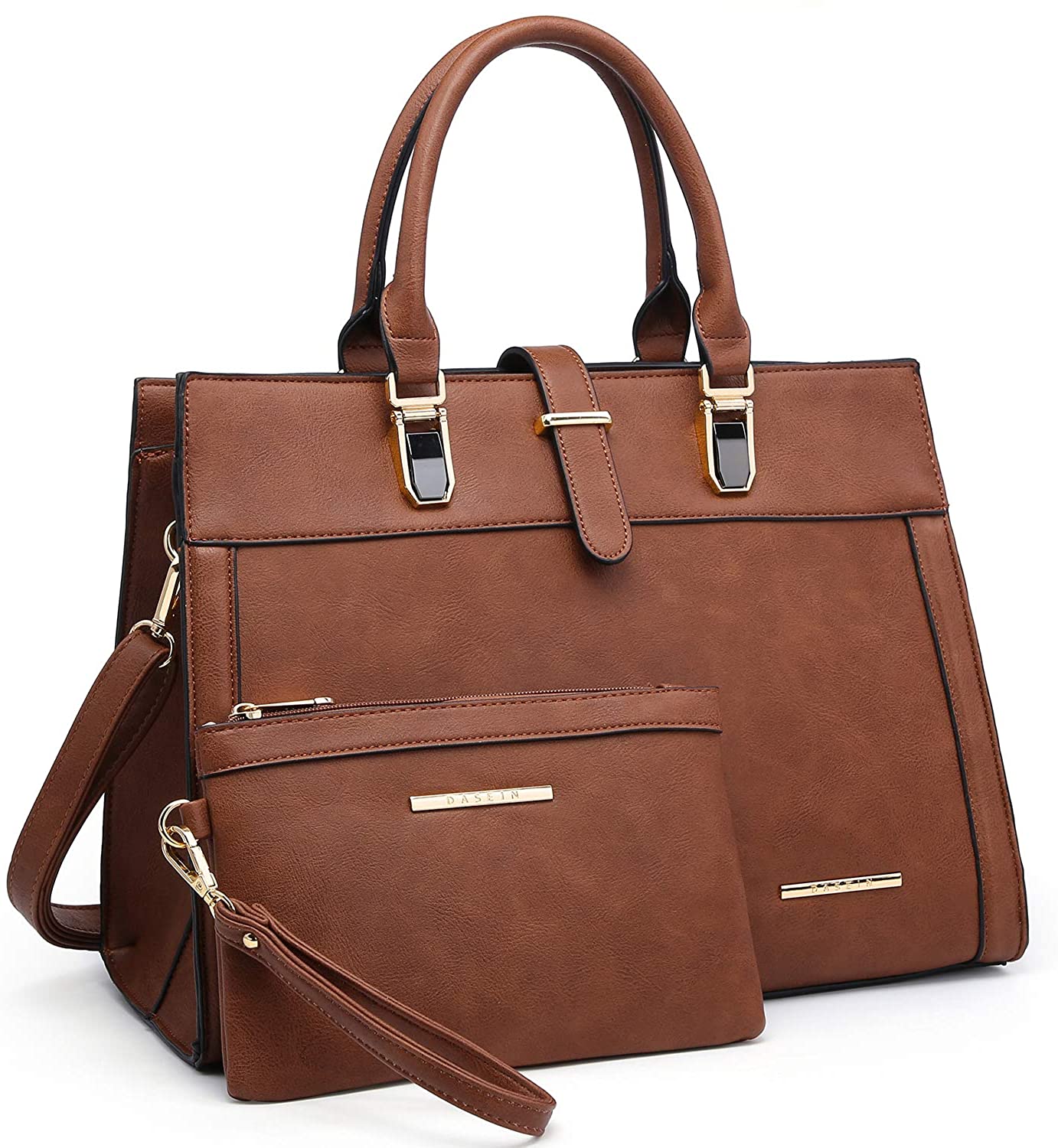 Price:$36.99    Women's Handbag Flap-over Belt Shoulder Bag Top Handle Tote Satchel Purse Work Bag w/Matching Wristlet (Brown)  Clothing