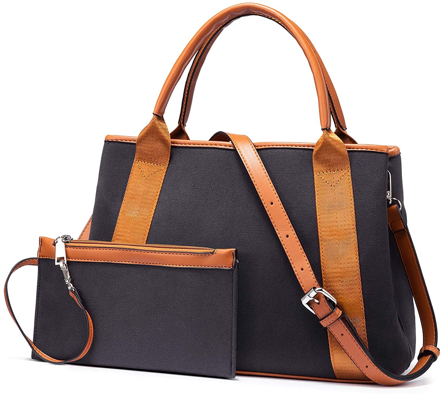 Price:$0.00    Purses and Handbags for Women Ladies Canvas Top Handle Satchel Shoulder Bag Tote Bags 2pcs Black  Clothing