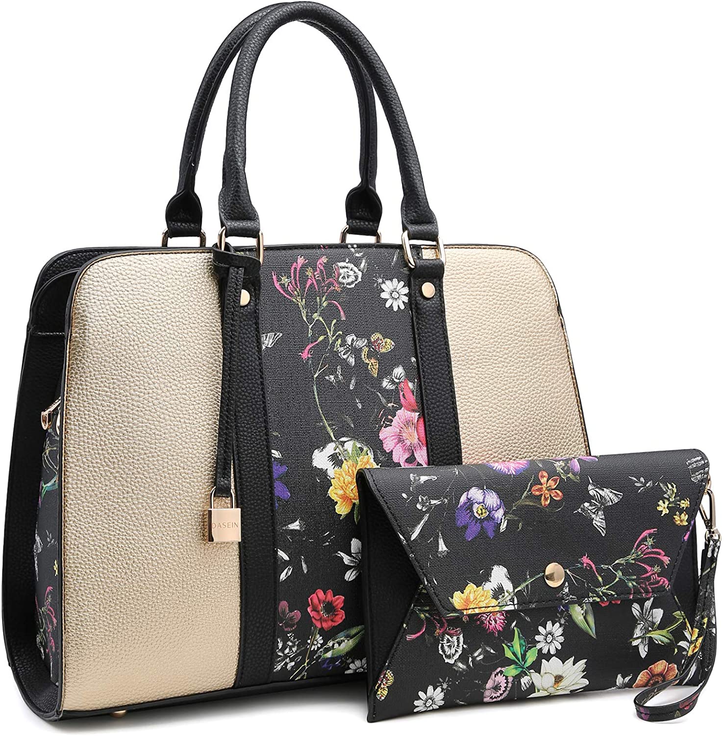 Price:$34.99    Women's Fashion Two Tone Handbag Triple Compartments Satchel Purse Top Handle Padlock Shoulder Bag (1-gold/black flower)  Clothing