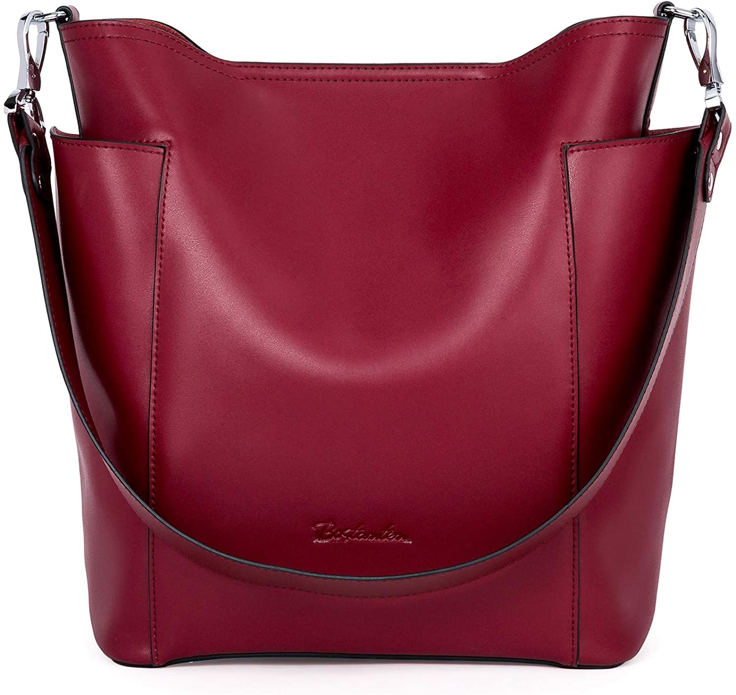 Price:$69.99    BOSTANTEN Genuine Leather Handbags for Women Designer Hobo Shoulder Bucket Bag Purses and Handbags Set Wine Red  Clothing