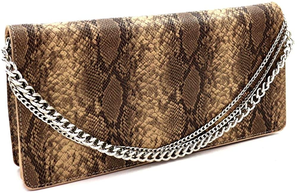 Price:$34.97 Chain Multicolored Snake Crocodile Print Long Party Clutch Purse Shoulder Bag (2Snake Print - Beige)  Handbags   
