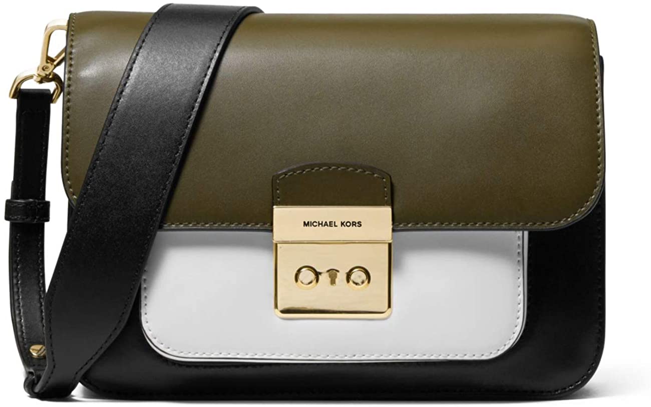 Price:$214.99 Michael Kors Sloan Editor Tricolor Signature Shoulder Bag (Black/Optic White/Olive)  Handbags   