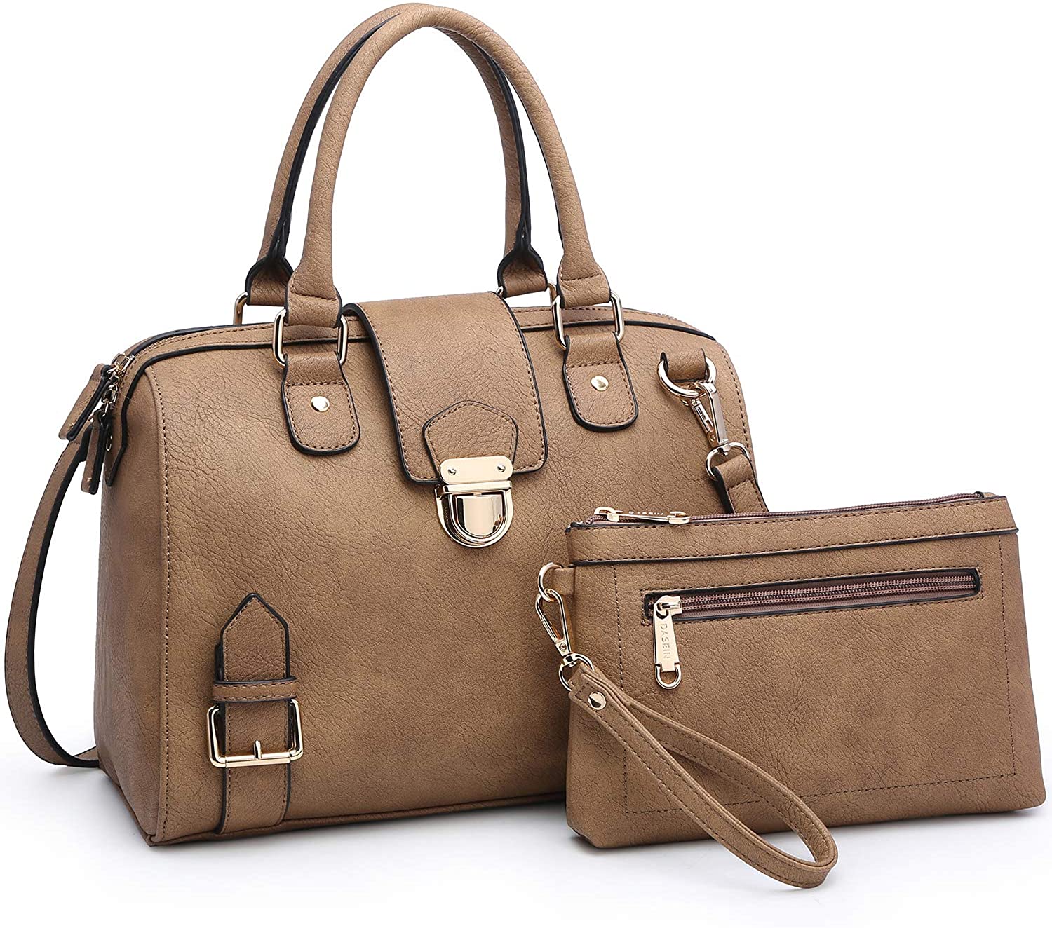 Price:$39.99    Dasein Women Barrel Handbags Purses Fashion Satchel Bags Top Handle Shoulder Bags Vegan Leather Work Bag Tote (Khaki)  Clothing