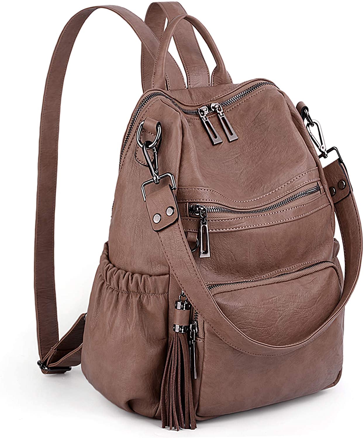 Price:$36.99    UTO Women Backpack Purse PU Washed Leather Convertible Ladies Rucksack Tassel Zipper Pocket Shoulder Bag Khaki  Clothing