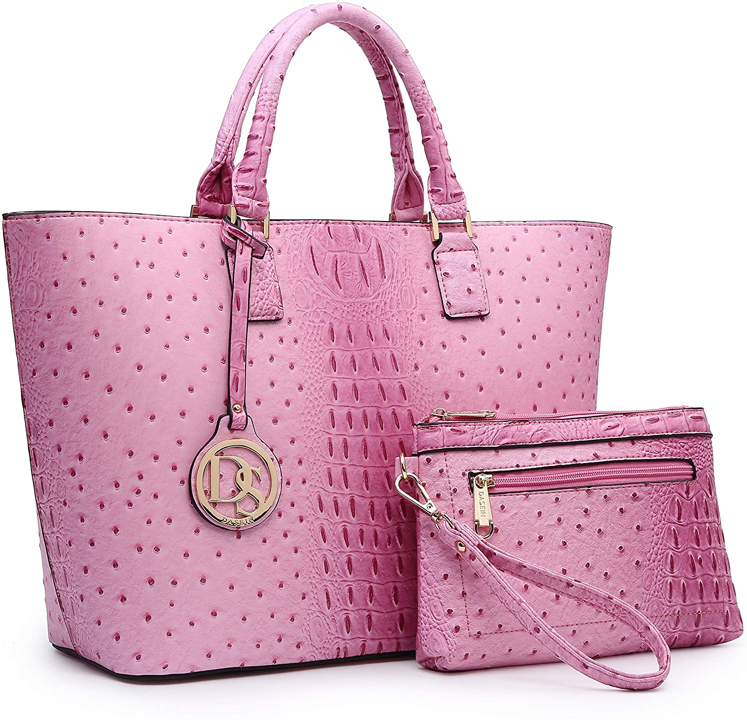 Price:$38.99    Women's Handbag Vegan Ostrich Leather Tote Shoulder Bag Top Handle Satchel Purse with Matching Wristlet (Pink)  Clothing