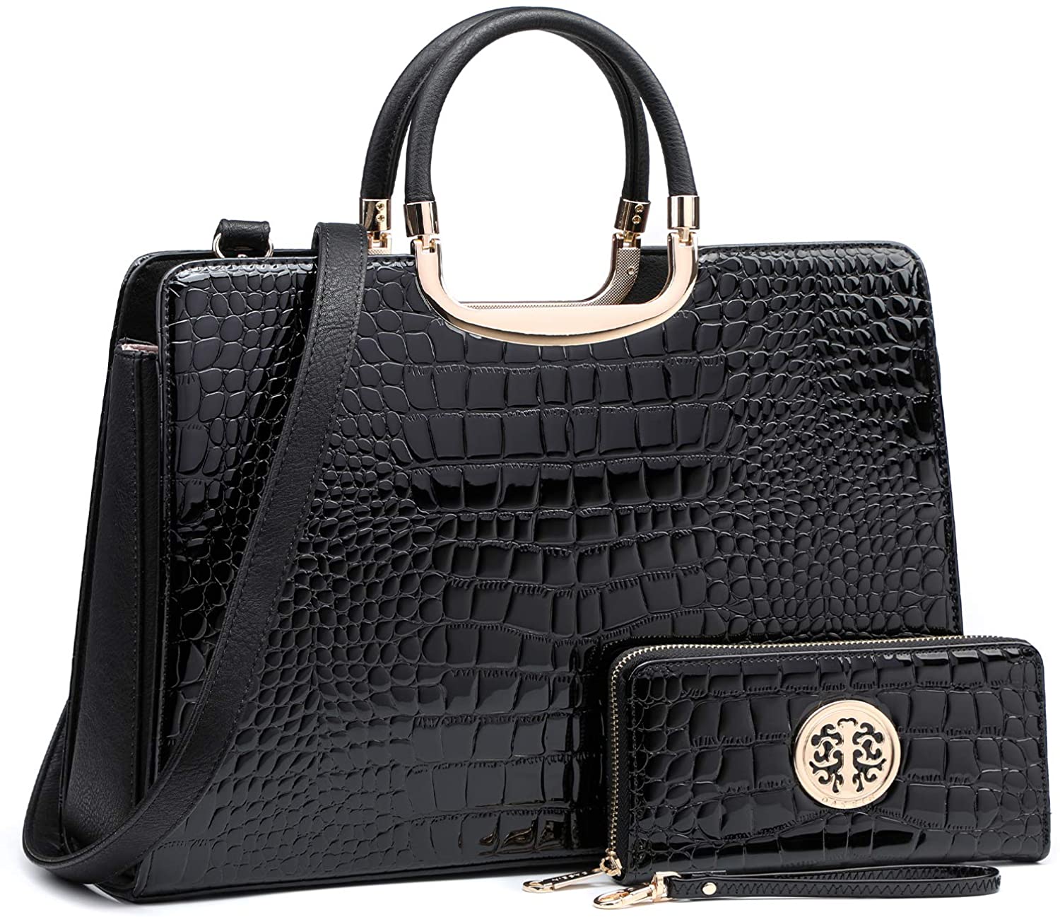 Price:$38.99 Women's Fashion Handbag Shoulder Bag Hinged Top Handle Tote Satchel Purse Work Bag with Matching Wallet (3-croco Black Wallet Set)  Handbags   