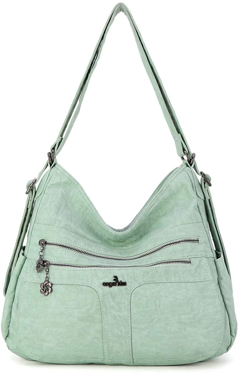 Price:$39.99    angel kiss Satchel Handbag for Women, Ultra Soft Washed Vegan Leather Crossbody Bag, Shoulder Bag, Tote Purse (ZB0106-15L.GREEN)  Clothing