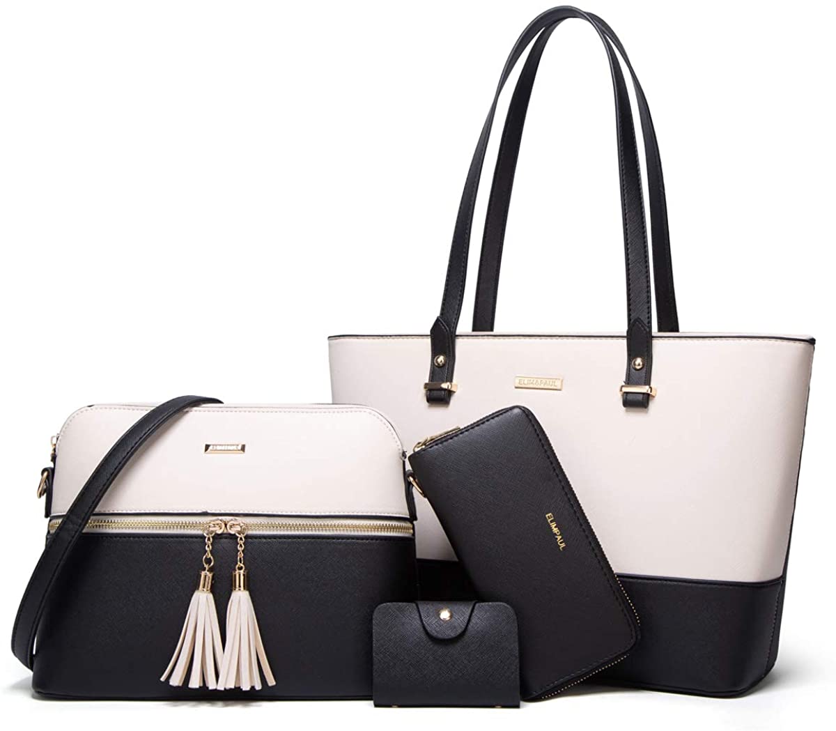 Price:$41.69    Women Fashion Handbags Tote Bag Shoulder Bag Top Handle Satchel Purse Set 4pcs (Black-beige)  Clothing