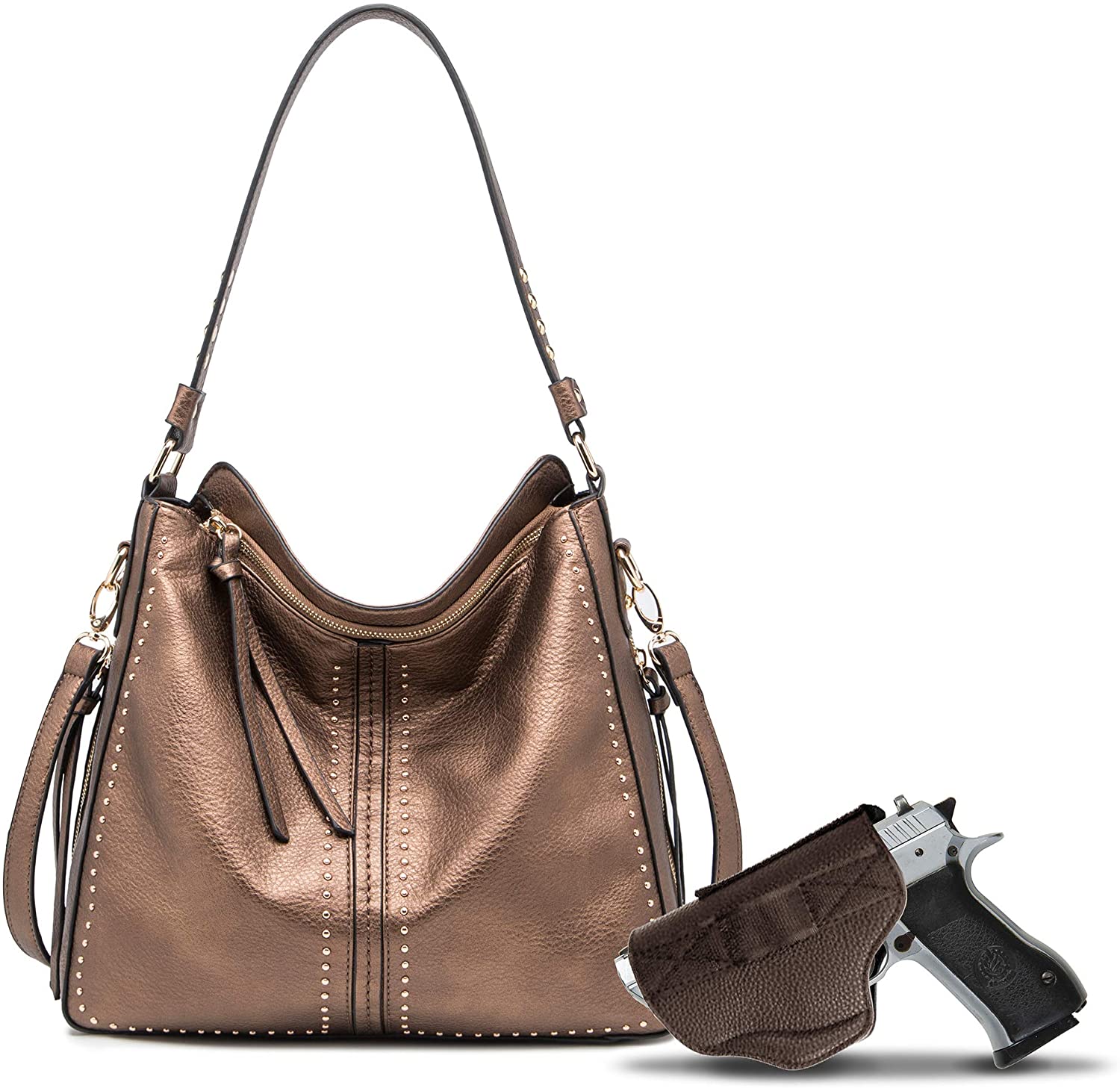 Price:$39.99    Bronze Large Concealed Carry Hobo Purse for Women Studded Leather Crossbody Shoulder Bag With Gun Holster - Conceal Weapon CCW MWC-G1001BZ  Clothing
