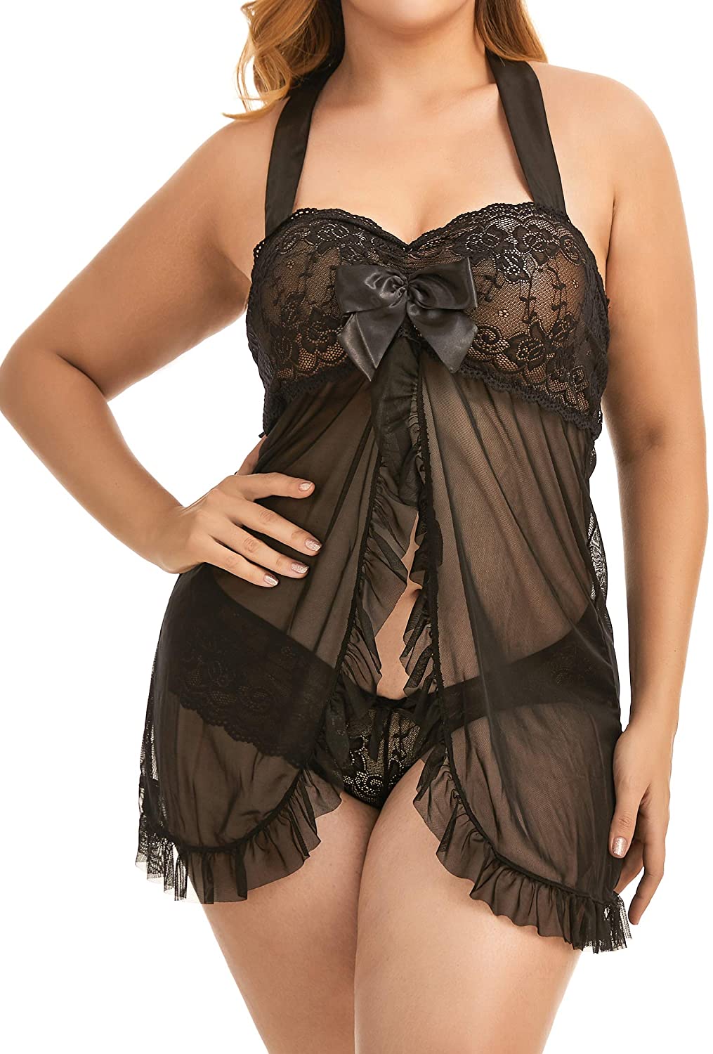 Price:$10.99 Lingerie for Women Plus Size Lace Babydoll Halter Chemise Strap Sleepwear(Black, 2XL) at Amazon Women’s Clothing store