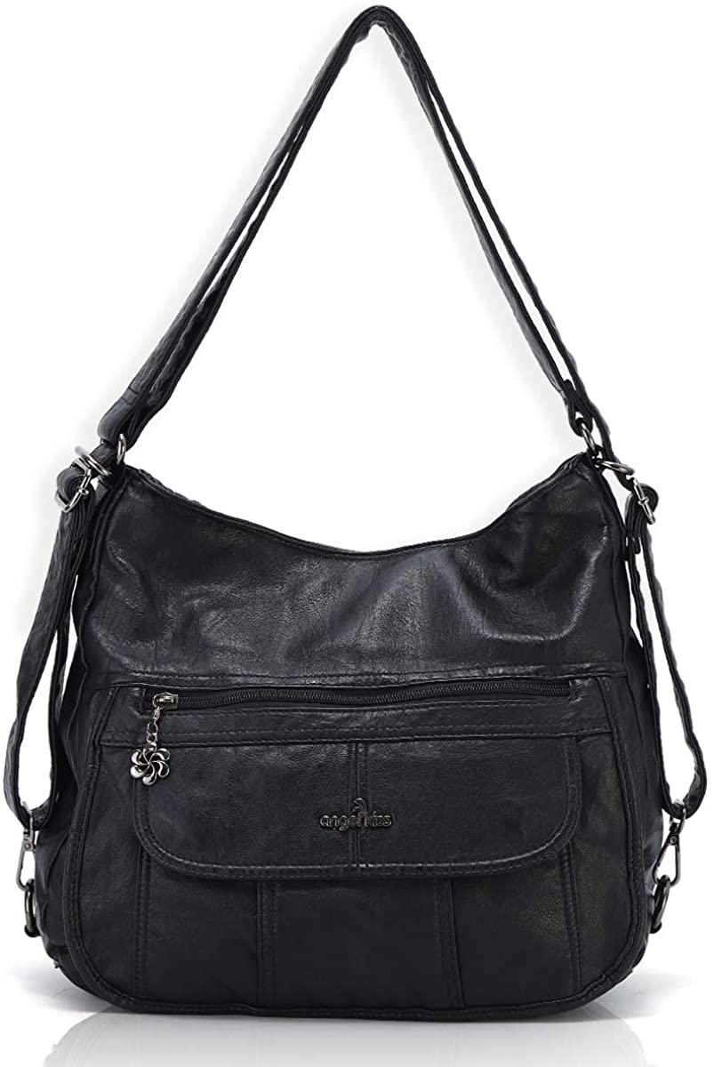 Price:$39.99    Women Handbags Shoulder Bags Washed Leather Satchel Tote Bag Mutipocket Purse (A-0105 Black)  Clothing