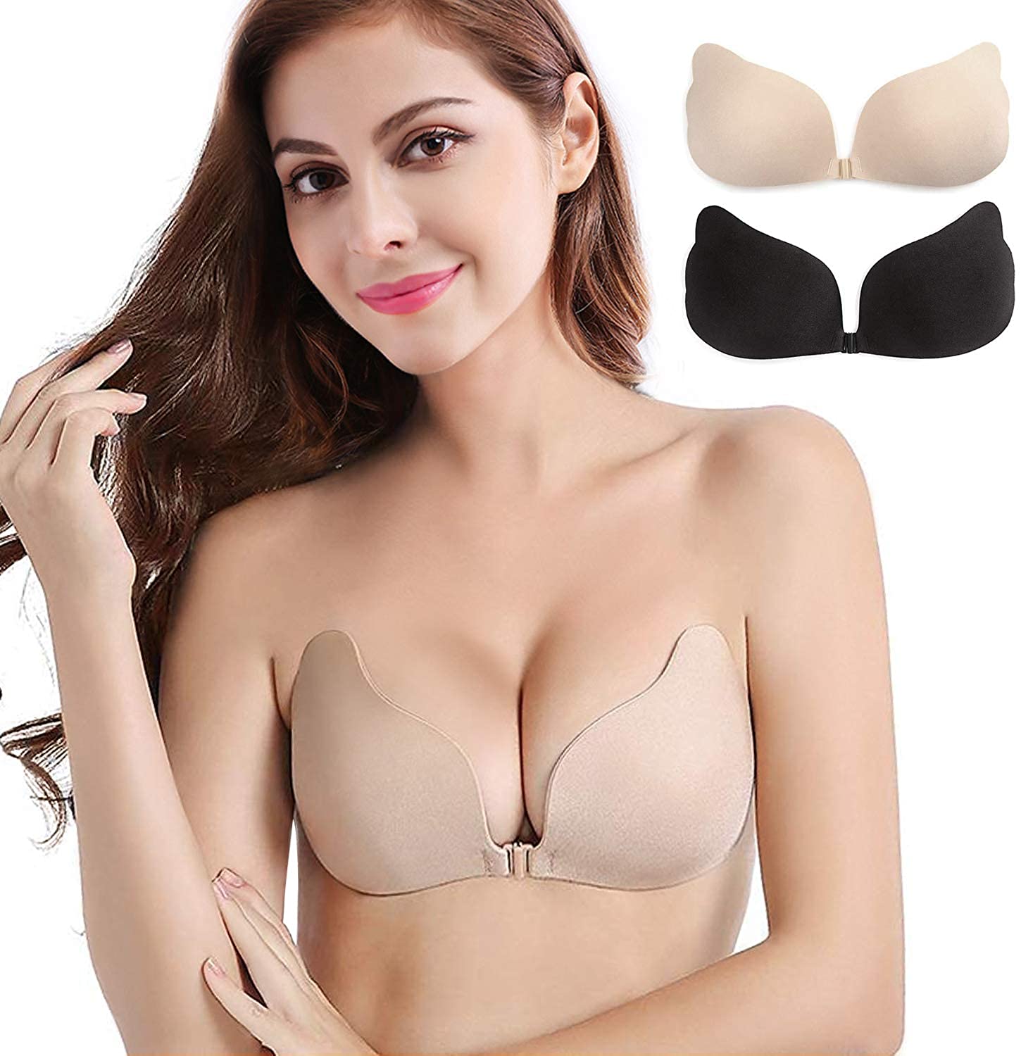 Price:$12.95    queensecret Women Adhesive Bra Strapless Sticky Invisible Push up Bra for Backless Dress with Nipple Covers(Beige+Black) (D Cup)  Clothing