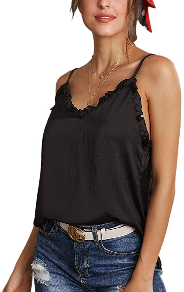 Price:$16.58 Zaoqee Women's Spaghetti Straps V Neck Tank Tops Loose Satin Camisole Casual Ruffle Cami Top at Amazon Women’s Clothing store