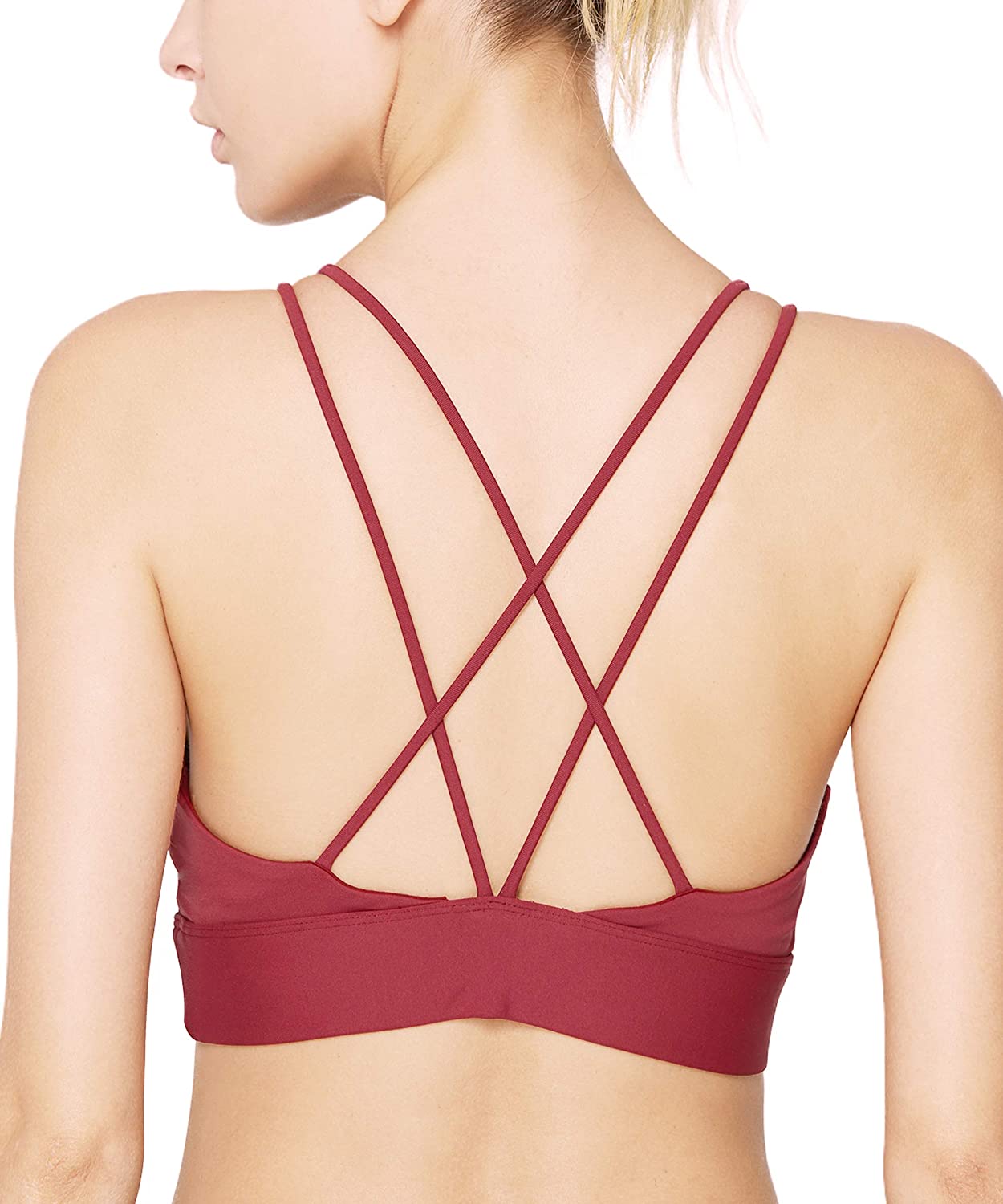 Price:$9.99 light & leaf Ruched Yoga Sports Bra Cross Back with Removable Cups Low Support Activewear at Amazon Women’s Clothing store