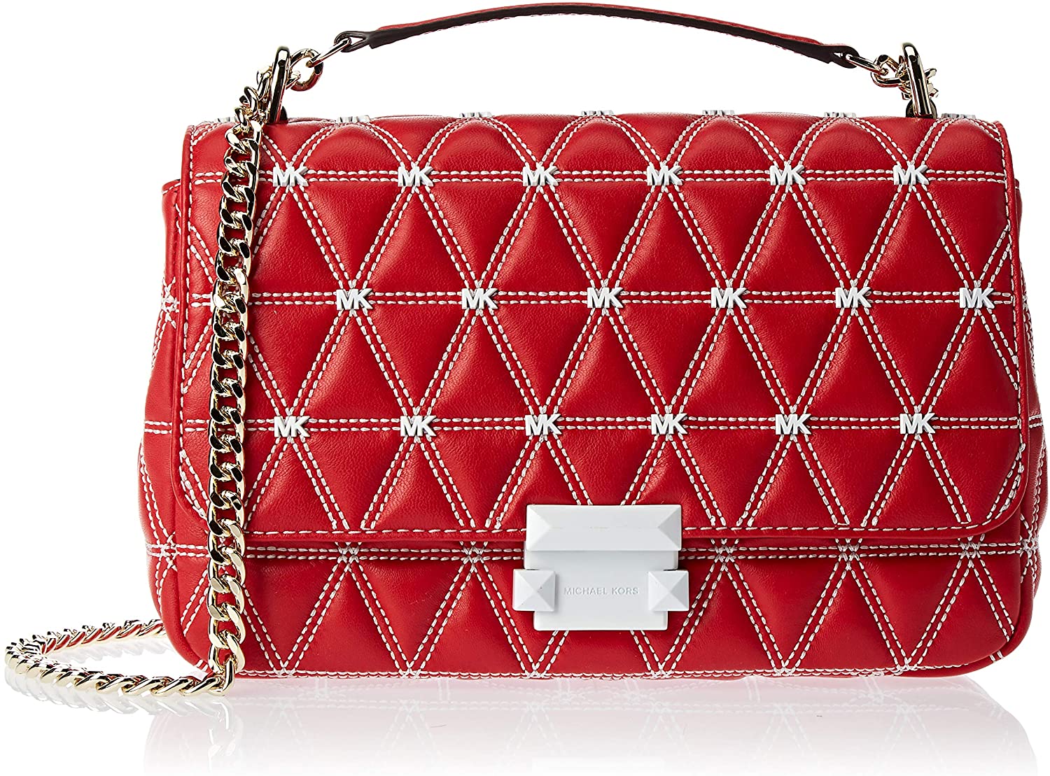 Price:$272.00 MICHAEL Michael Kors Sloan Logo Studded Large Chain Shoulder Bag, Bright Red  Handbags   