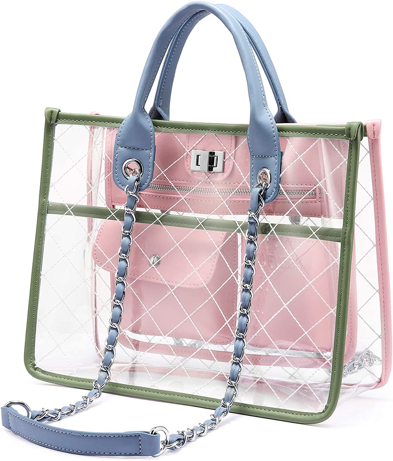 Price:$35.99    LOVEVOOK Clear Tote Bag With Turn Lock Closure Girly PVC Shoulder Bag Pink-Green  Clothing