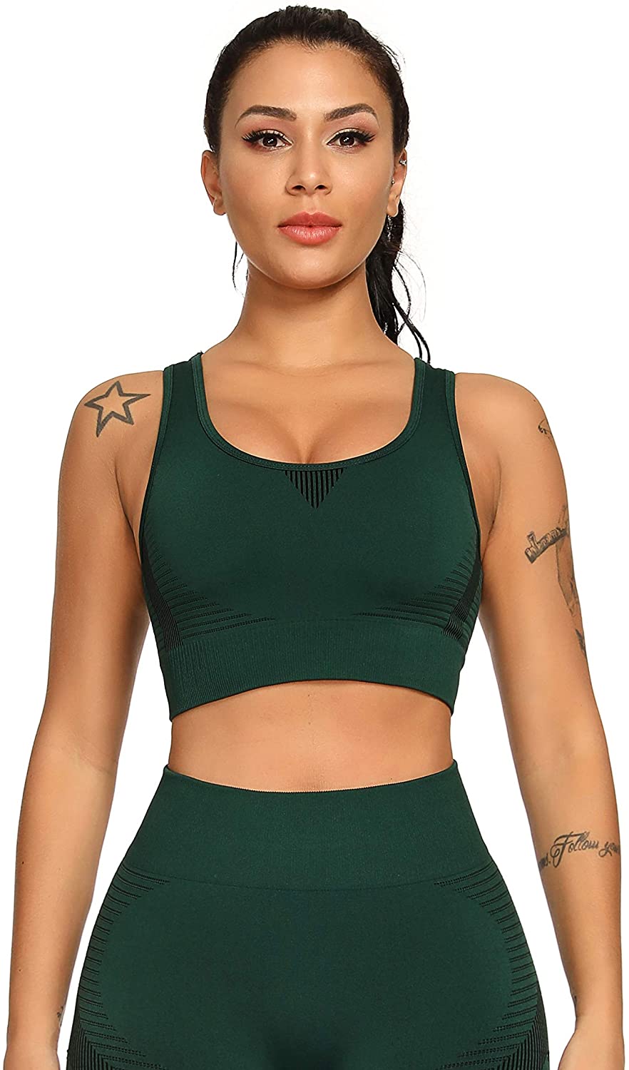 Price:$19.99 Sports Wirefree Bras for Women Seamless High Impact Support Yoga Bra with Removable Pads Bounce Control Racerback Top at Amazon Women’s Clothing store