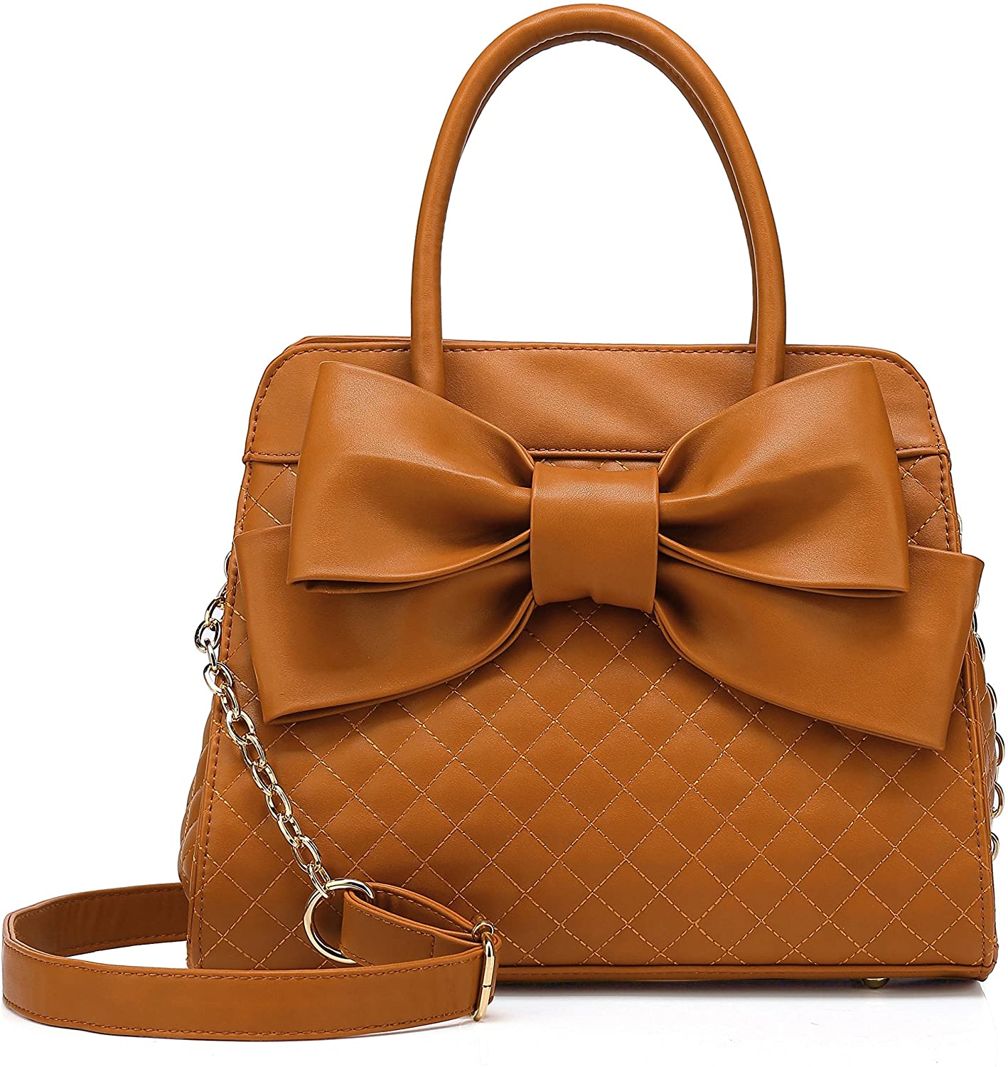 Price:$34.99    Scarleton Quilted Bow Satchel Handbag for Women, Vegan Leather Crossbody Bag, Shoulder Bag with Removable Adjustable Strap, Tote Purse, Brown, H104804  Clothing