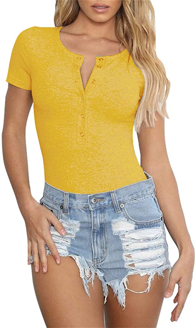 Price:$16.99 GEMBERA Women Short Sleeves Crew Neck Button Down Ribbed Knit Bodysuit Basic Leotard Top at Amazon Women’s Clothing store