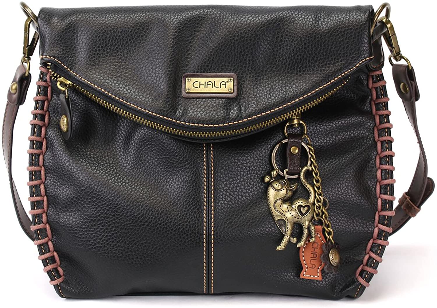 Price:$54.50 Chala Charming Crossbody Bag With Flap Top | Flap and Zipper Black Cross-Body Purse or Shoulder Handbag with Metal Chain - Slim Cat  Handbags   