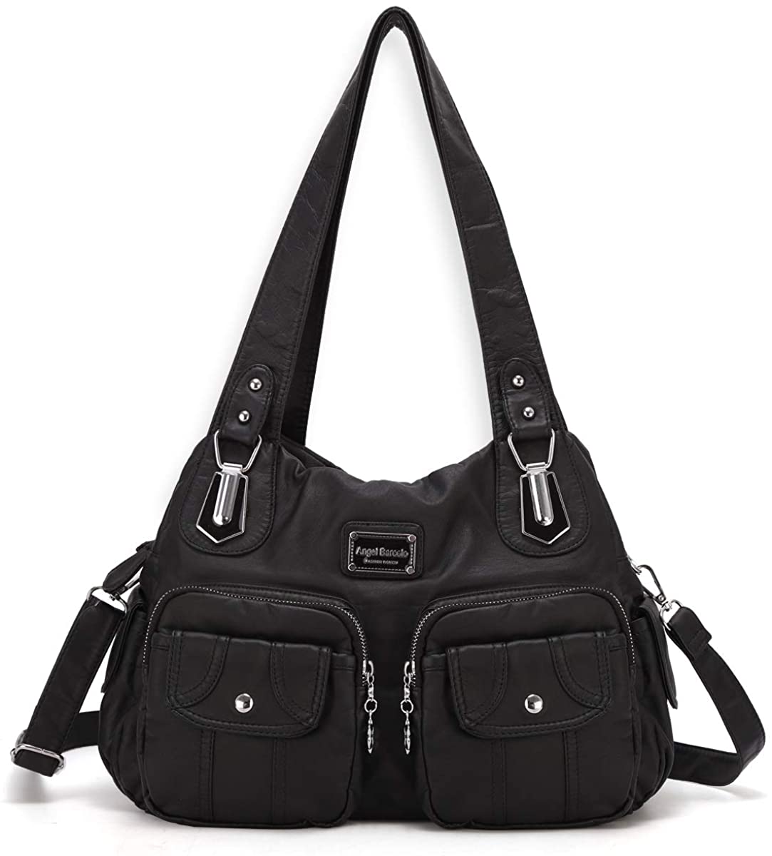 Price:$36.99    Angel Barcelo Women Top Handle Satchel Handbags Shoulder Bag Messenger Tote Washed Leather Purse Black  Clothing