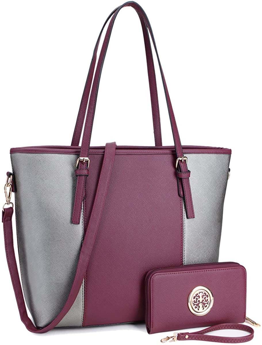 Price:$25.99 Dasein Women Two Tone Handbag Top Handle Satchel Purse Totes Work Shoulder Bag With Matching Wallet  Handbags   