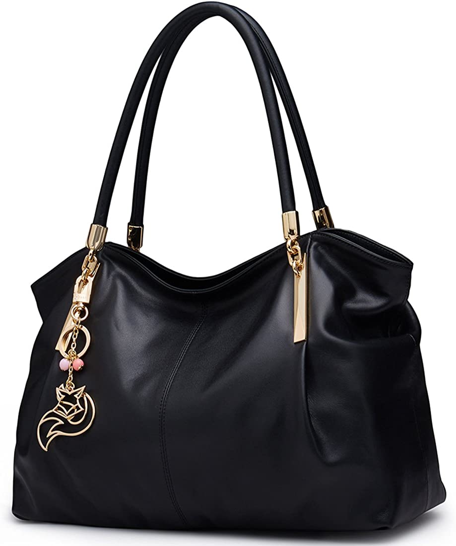 Price:$109.99    Black Leather Handbags for Women, Genuine Leather Ladies Top-handle Bags with Keyring Jewelry Decoration Womens Real Leather Designer Shoulder Bags Women's Large Soft Tote Satchel Purses and Handbags  Clothing