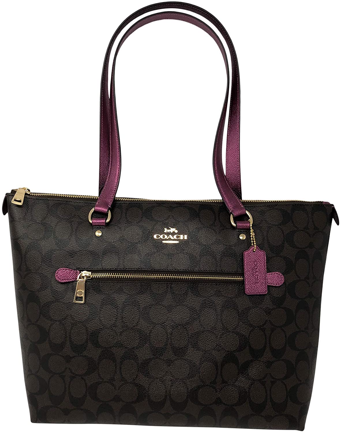 Price:$299.00    Coach Signature Canvas and Metallic Leather Gallery Tote Shoulder Bag, Brown/Metallic Berry  Clothing