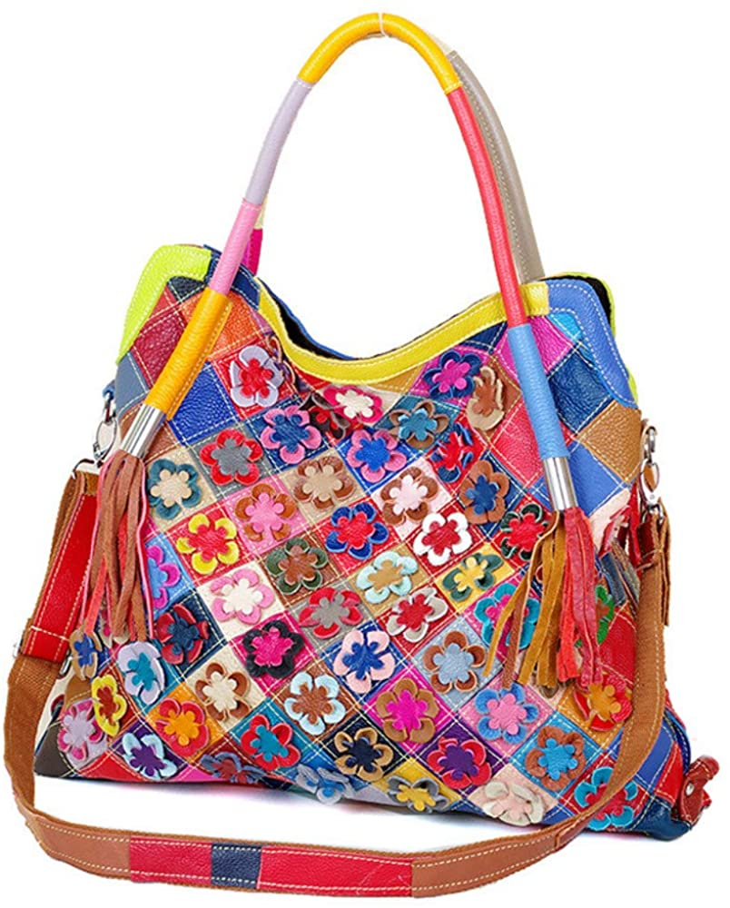 Price:$36.99    Downupdown Shoulder Bag Women Fashion Striped Flower Multicolor Handbags Crossbody Purse Patchwork Genuine Leather Tote Tassles Large Bag  Clothing