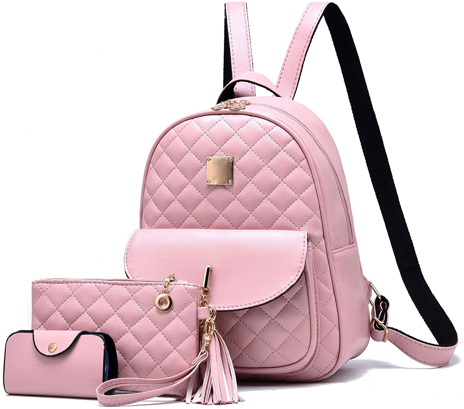 Price:$24.99    Women’s Backpack 3-pieces Fashion PU Leather Shoulder Bags Fashion Ladies Travel Bookbag Pink  Clothing