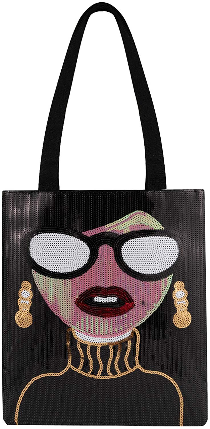 Price:$22.99    Womens Tote Bag Fashionable Sequin Handbag Large Funky Glitter Paillette Hand Bag Zipper Closure Shoulder Bag Casual Daypack (Black-cool girl)  Clothing