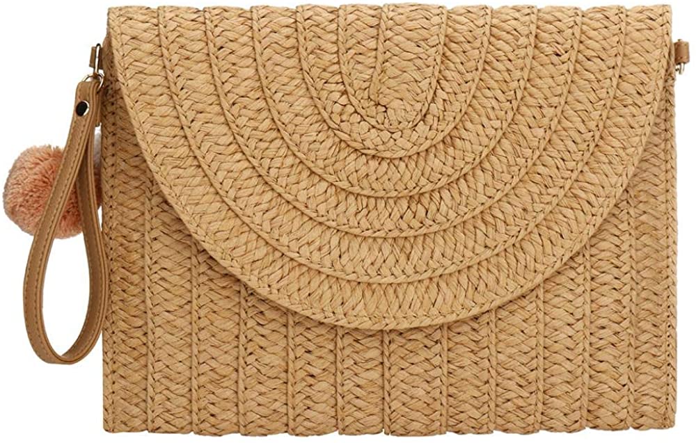 Price:$12.99 YYW Womens Woven Shoulder Bag Straw Bag with Fur Ball, Rattan Purse Summer Crossbody Bag Beach Handbags (Khaki)  Handbags   